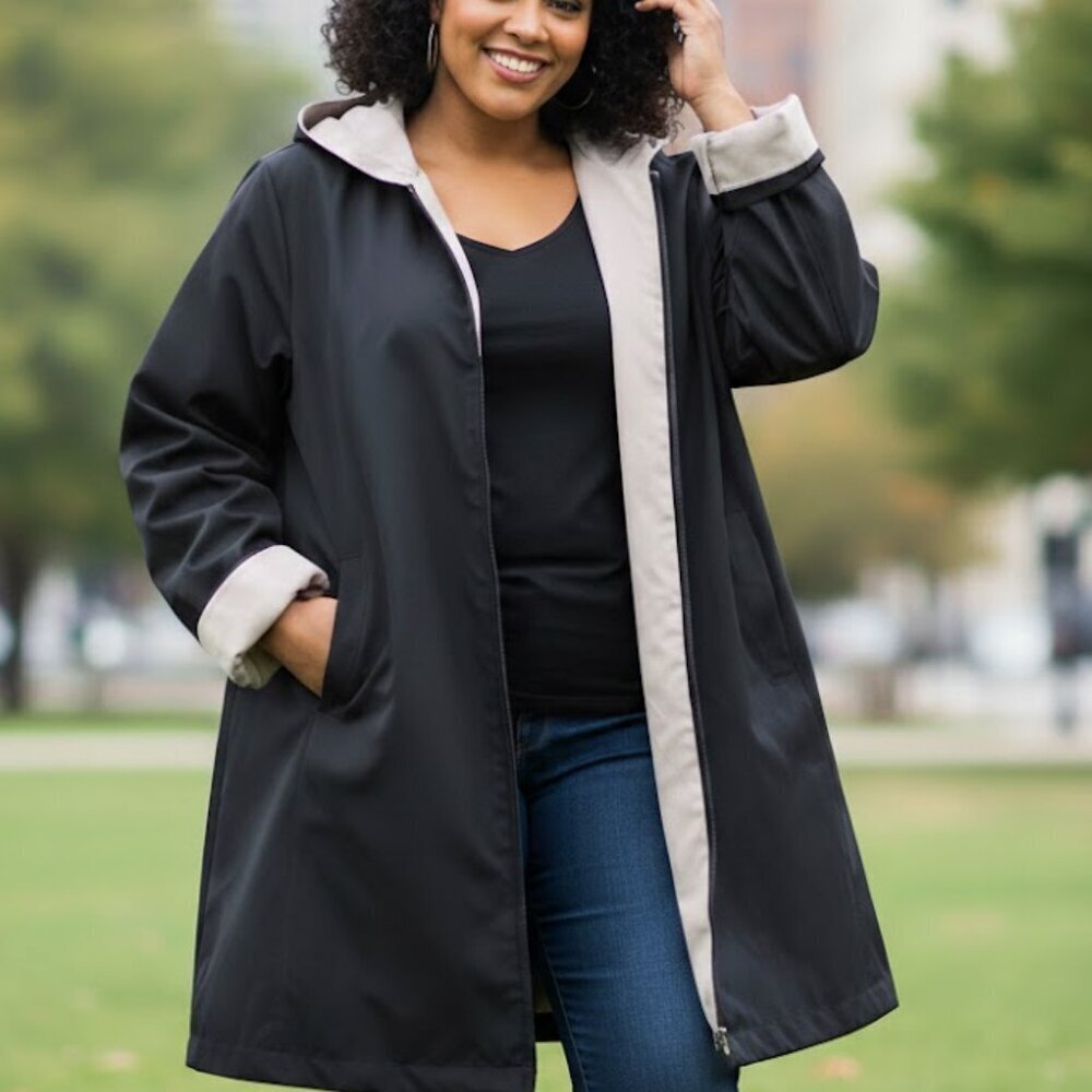 Versatile, fully REVERSIBLE jacket with a hood. Black/Tan Oversized 2XL